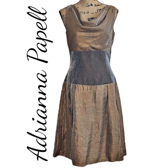 ADRIANNA PAPELL Bronze Silver Metallic Cowl Neck Sleeveless Cocktail Dress, Sz 8 - Picture 1 of 9